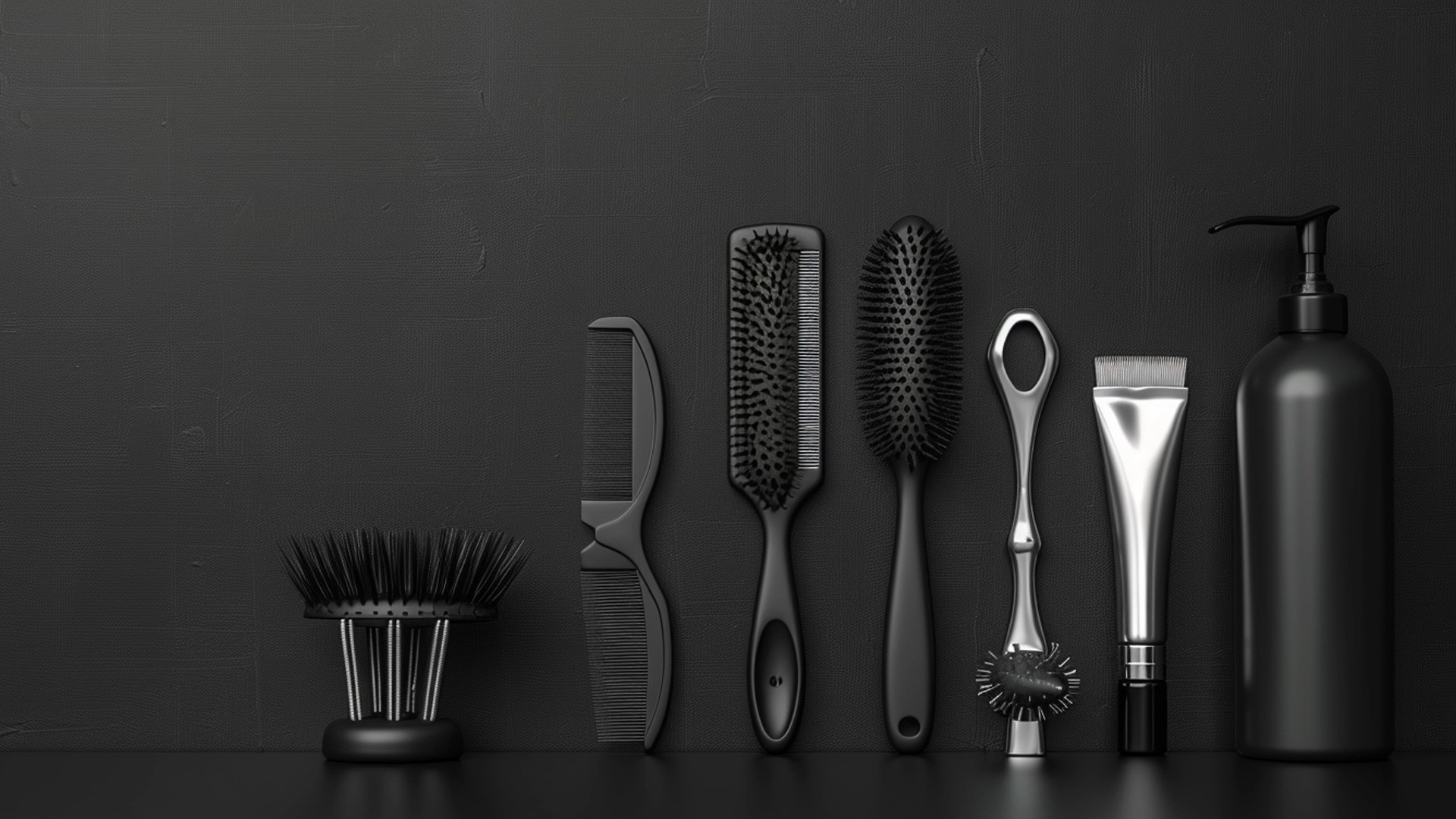 different-hairdressing-products-table-against-black-background-space-text